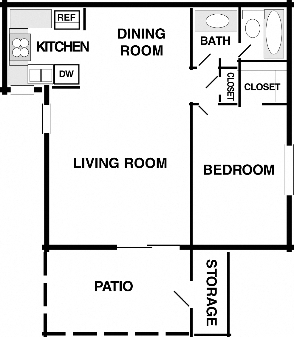 Floor plan for 1 bed, 1 bath, 583 sqft